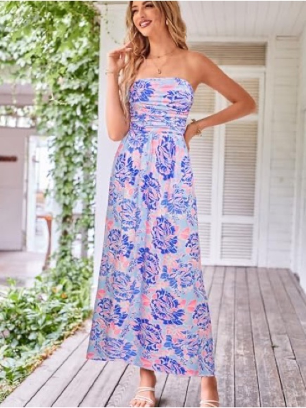 Grace Karin Blue Pink Floral Stretch Strapless Maxi Dress, Women's XL